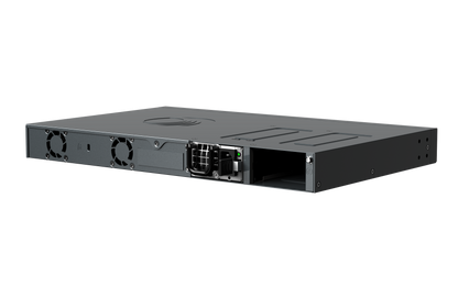 Back of Cambium cnMatrix EX3028R-P switch with black metal rack, dual fans, PSU
