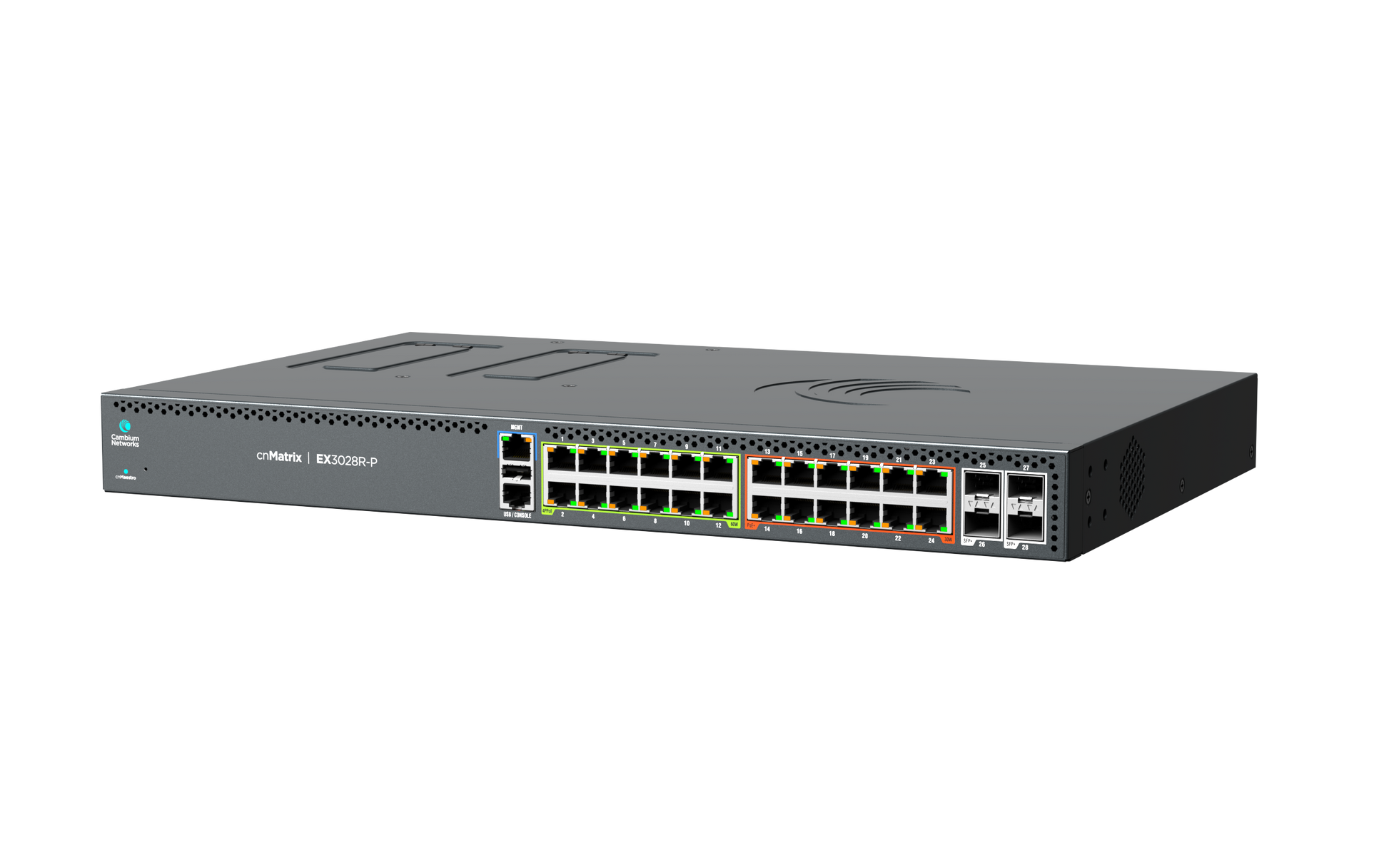 Cambium cnMatrix EX3028R-P gray metal switch with Ethernet ports and lights
