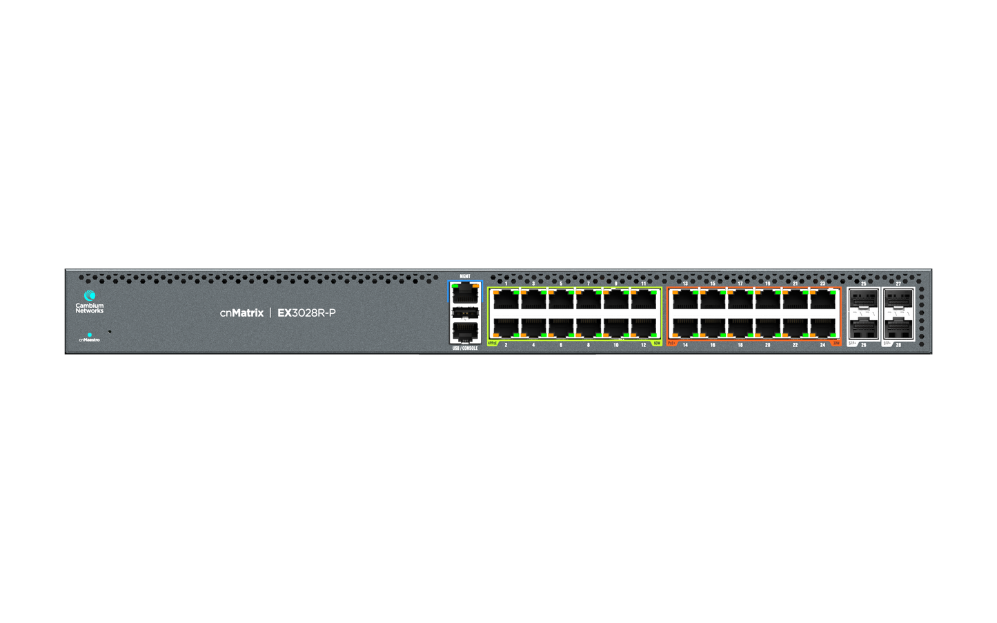 Cambium cnMatrix EX3028R-P PoE switch with Ethernet ports and LEDs