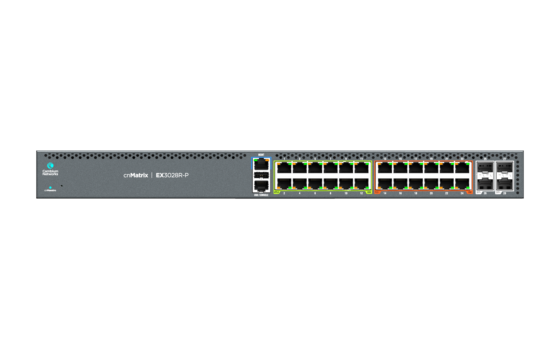 Cambium cnMatrix EX3028R-P PoE switch with Ethernet ports and LEDs