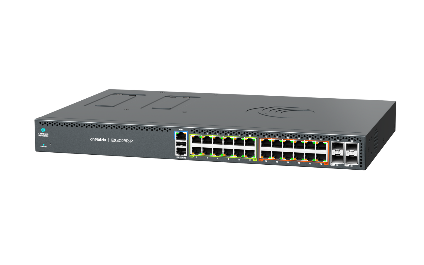 Cambium cnMatrix EX3028R-P dark gray switch with 24x1GbE PoE ports and 4x10G SFP+