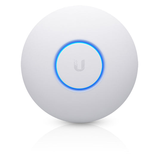 White circular ubiquiti uap-nanohd-3 wifi 5 access point with glowing blue ring and 4x4 mu-mimo 1.7 gbps 3-pack