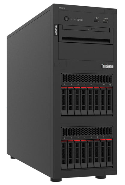 Lenovo ThinkSystem ST250 V2 black tower server with red drive bays