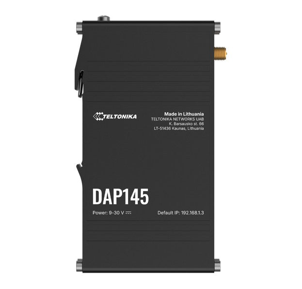 Black teltonika dap145 industrial wi-fi 4 access point with metallic connectors and white labeling shown from back side