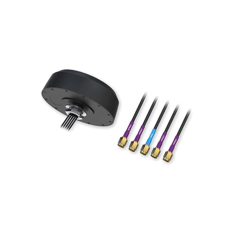 Black Teltonika PR1KCI49 5G combo 4x4 mimo gnss roof antenna back with metallic pins and color-coded cables with gold connectors