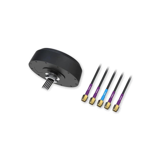 Black Teltonika PR1KCI49 5G combo 4x4 mimo gnss roof antenna back with metallic pins and color-coded cables with gold connectors