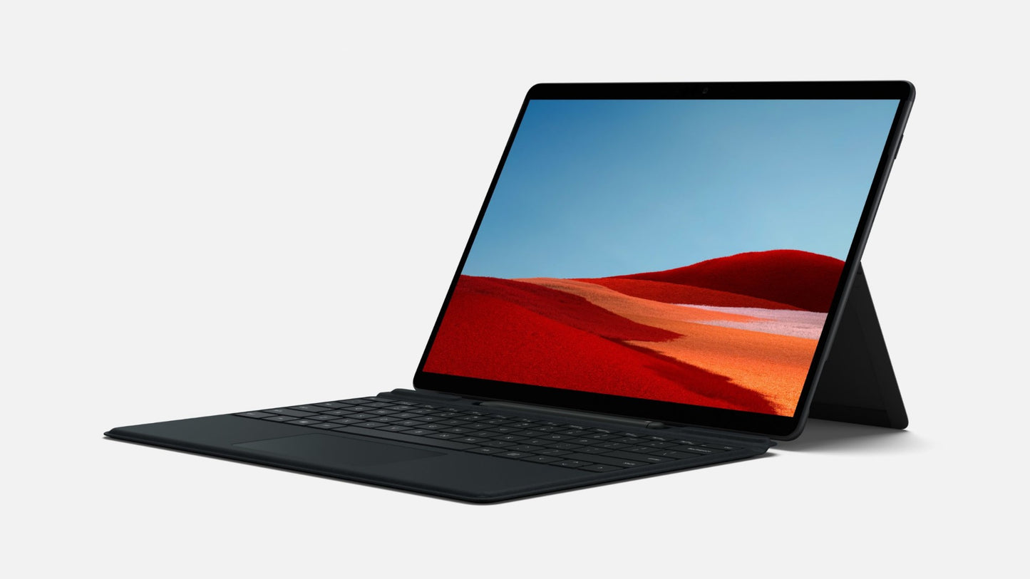 Black Microsoft Surface Laptop 3, sleek design, keyboard cover, 13in touch, 16GB, 256GB