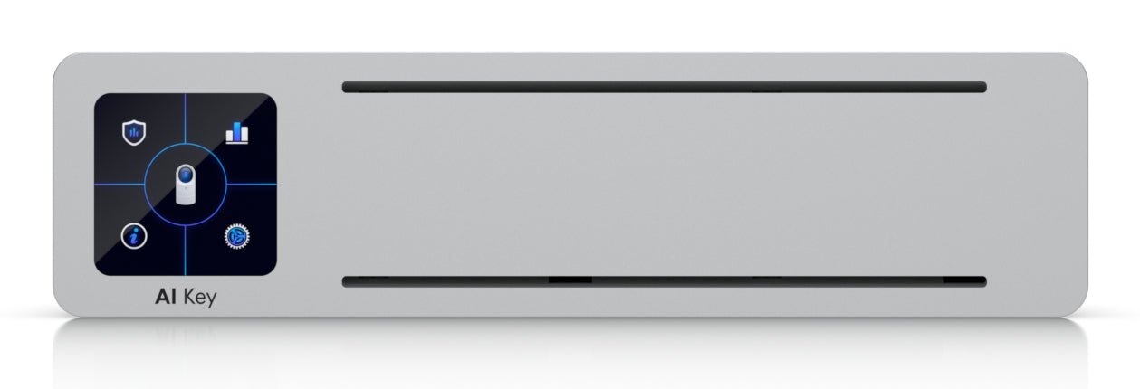 Ubiquiti AI-KEY silver rectangular device with black touchscreen display