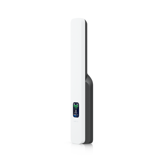 White and gray outdoor wireless access point with digital display from ubiquiti u5g 5g backup cellular modem PoE