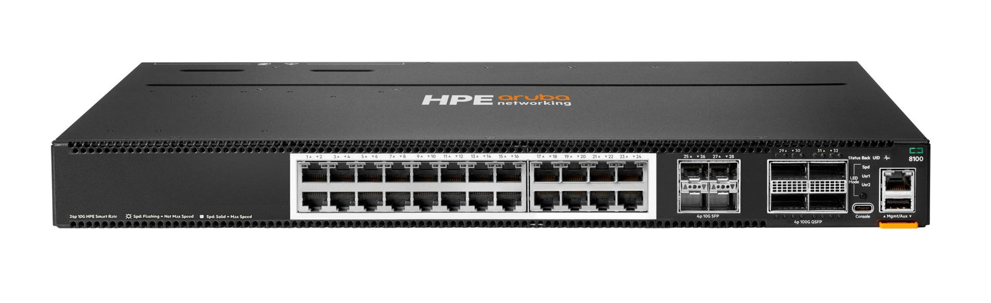 Aruba R9W89A | CX 8100 Series 24 x 10G Base-T, 4 x 10G SFP+, 4 x 40/100G QSFP28, 3 Fans, 2 AC PSU