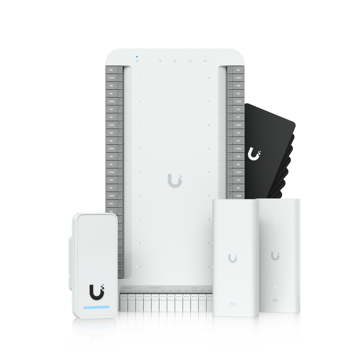 White uplink mesh wi-fi system with multiple antennas in ubiquiti ua-g3-sk-elevator access control starter kit