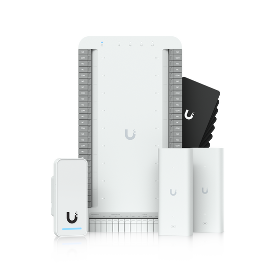 White uplink mesh wi-fi system with multiple antennas in ubiquiti ua-g3-sk-elevator access control starter kit