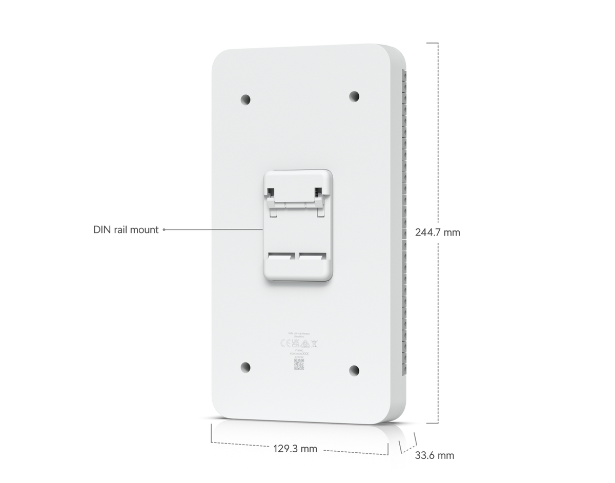 White rectangular wall-mounted ubiquiti access control device with central latch and four mounting holes for elevator use