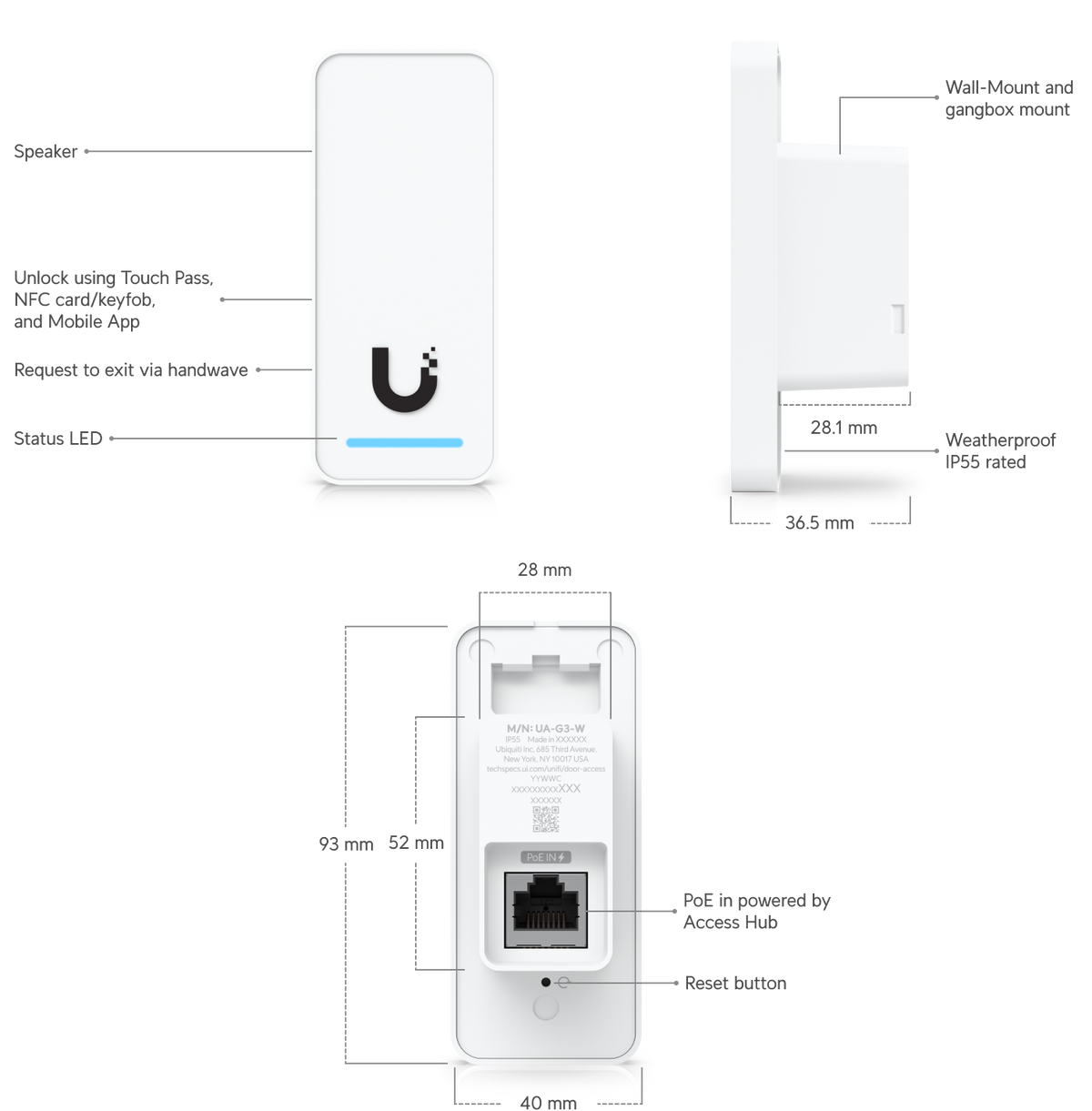 White uplink mini ua-32-w wi-fi 6 mesh extender with ethernet port shown from the back in ubquiti ua-g3-sk-elevator kit