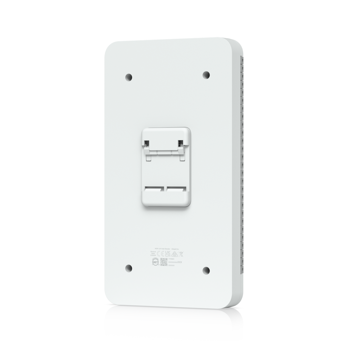 White plastic wall-mounted uniFi access g3 elevator starter kit device with central latch and four mounting holes for 18 floors