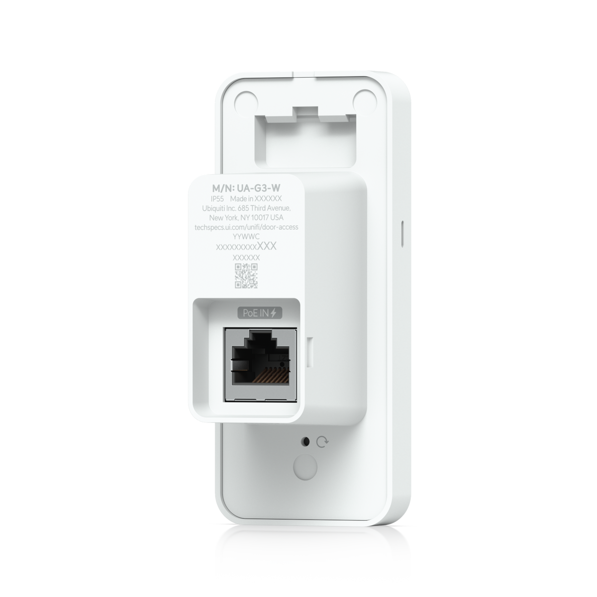 White plastic wall-mounted ubiquiti ua-g3-sk-elevator wi-fi 6 access point with ethernet port and poe indicator for 18-floor access control