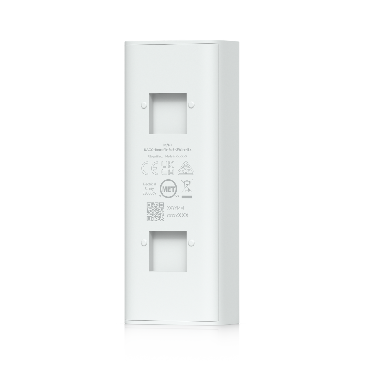 White plastic wall-mounted ethernet switch with two rj45 ports and regulatory markings for ubiquiti ua-g3-sk-elevator access control