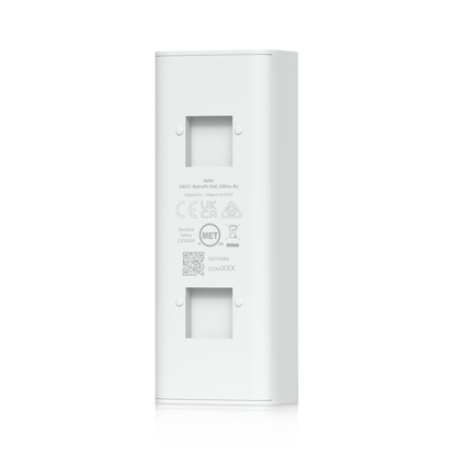 White plastic wall-mounted ethernet switch with two rj45 ports and regulatory markings for ubiquiti ua-g3-sk-elevator access control