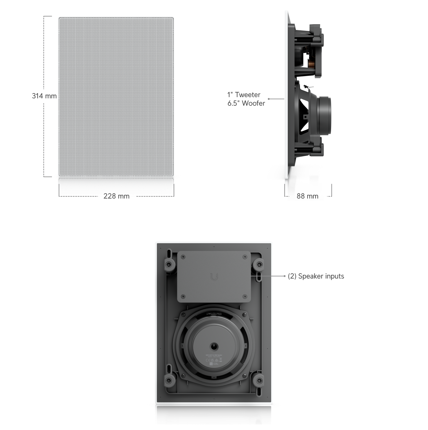 White rectangular wall-mounted ubiquiti uacc-in-wall-speaker with perforated grille and visible internal components