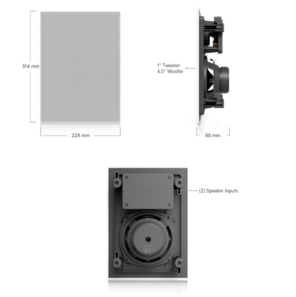 White rectangular wall-mounted ubiquiti uacc-in-wall-speaker with perforated grille and visible internal components