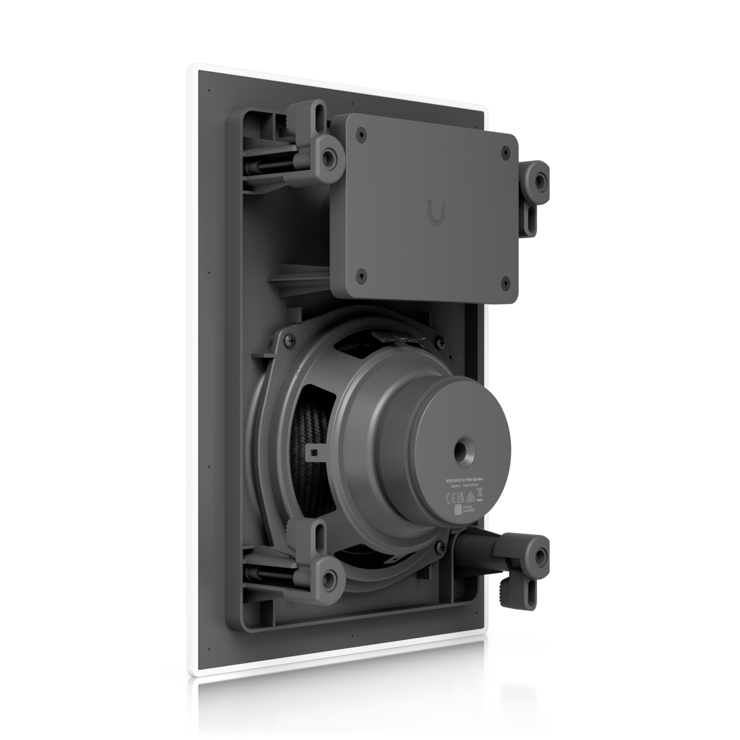 Gray rectangular unifi wall-mounted speaker with circular driver and mounting hardware 6.5 inch 130w 8 ohm