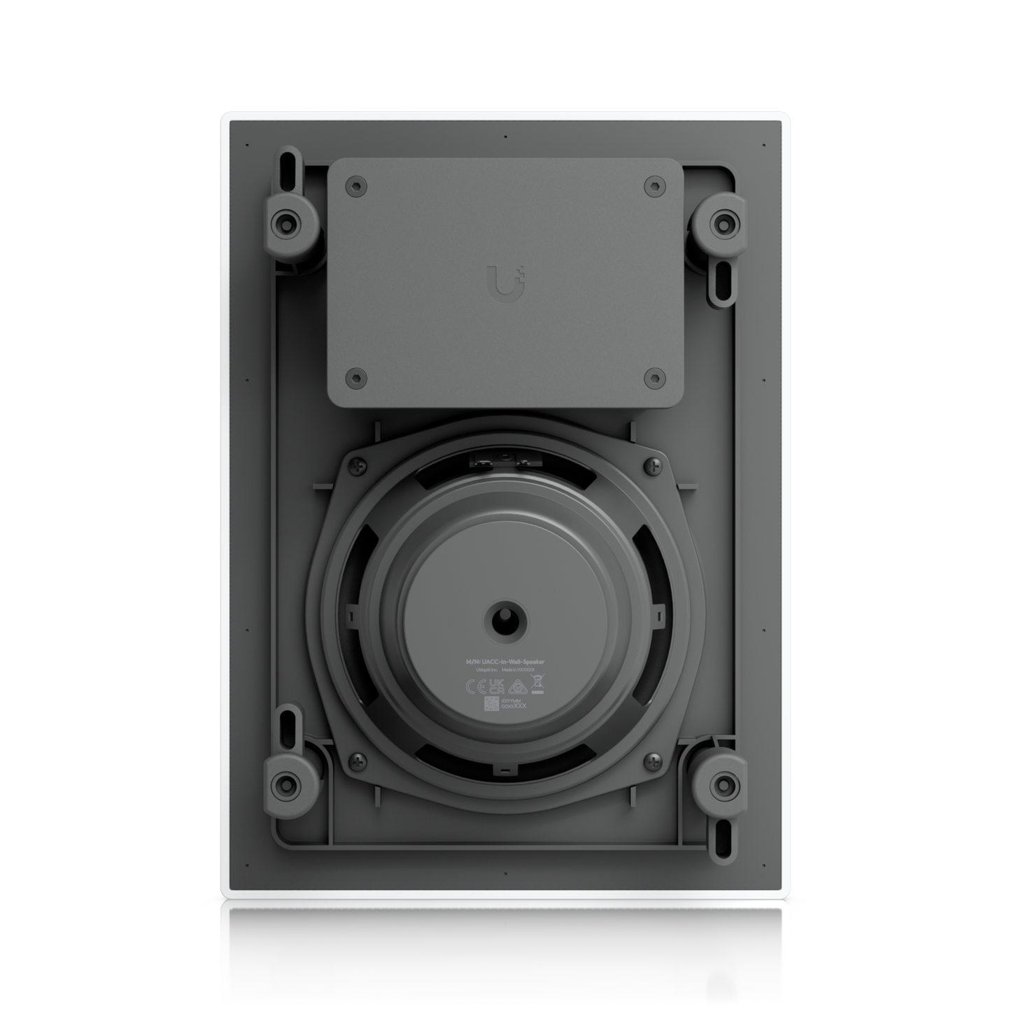 Gray rectangular ubnt ubiquiti ubiquiti uacc-in-wall-speaker with circular driver and mounting hardware in wall-mounted design