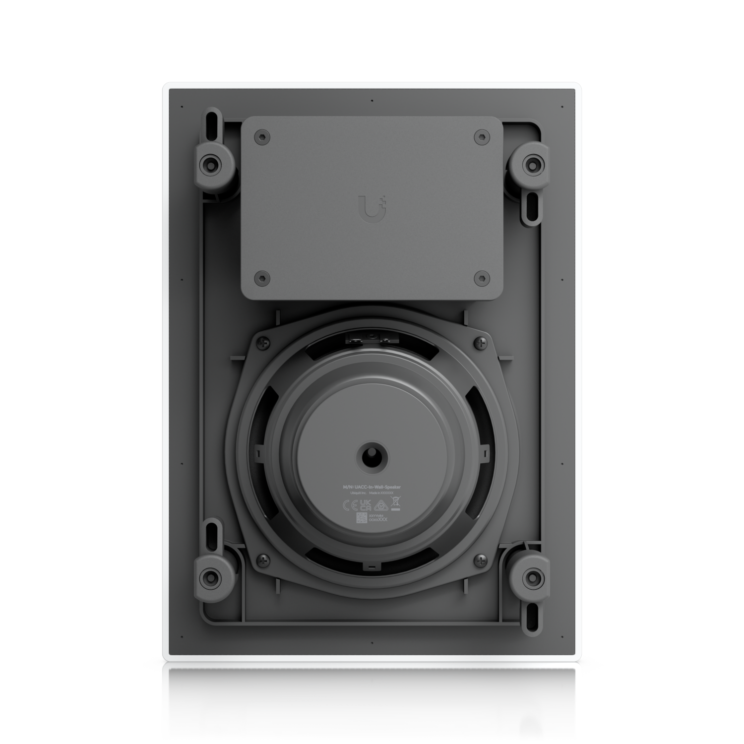 Gray rectangular ubnt ubiquiti ubiquiti uacc-in-wall-speaker with circular driver and mounting hardware in wall-mounted design