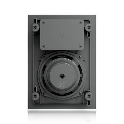 Gray rectangular ubnt ubiquiti ubiquiti uacc-in-wall-speaker with circular driver and mounting hardware in wall-mounted design