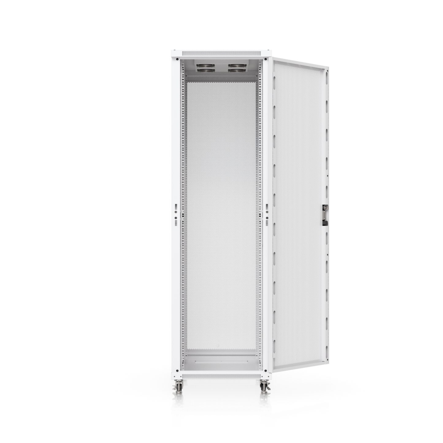White metal ubiquiti uacc rack 42u cabinet with perforated front door open showing built-in fans and lockable casters