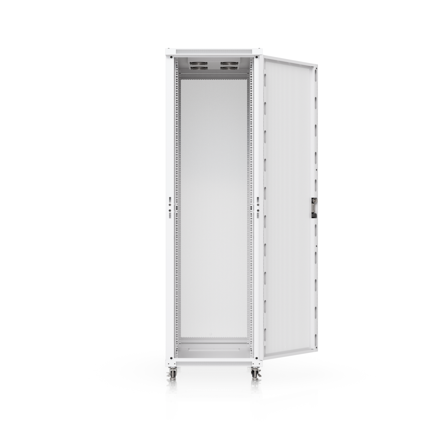 White metal ubiquiti uacc rack 42u cabinet with perforated front door open showing built-in fans and lockable casters