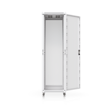 White metal ubiquiti uacc rack 42u cabinet with perforated front door open showing built-in fans and lockable casters