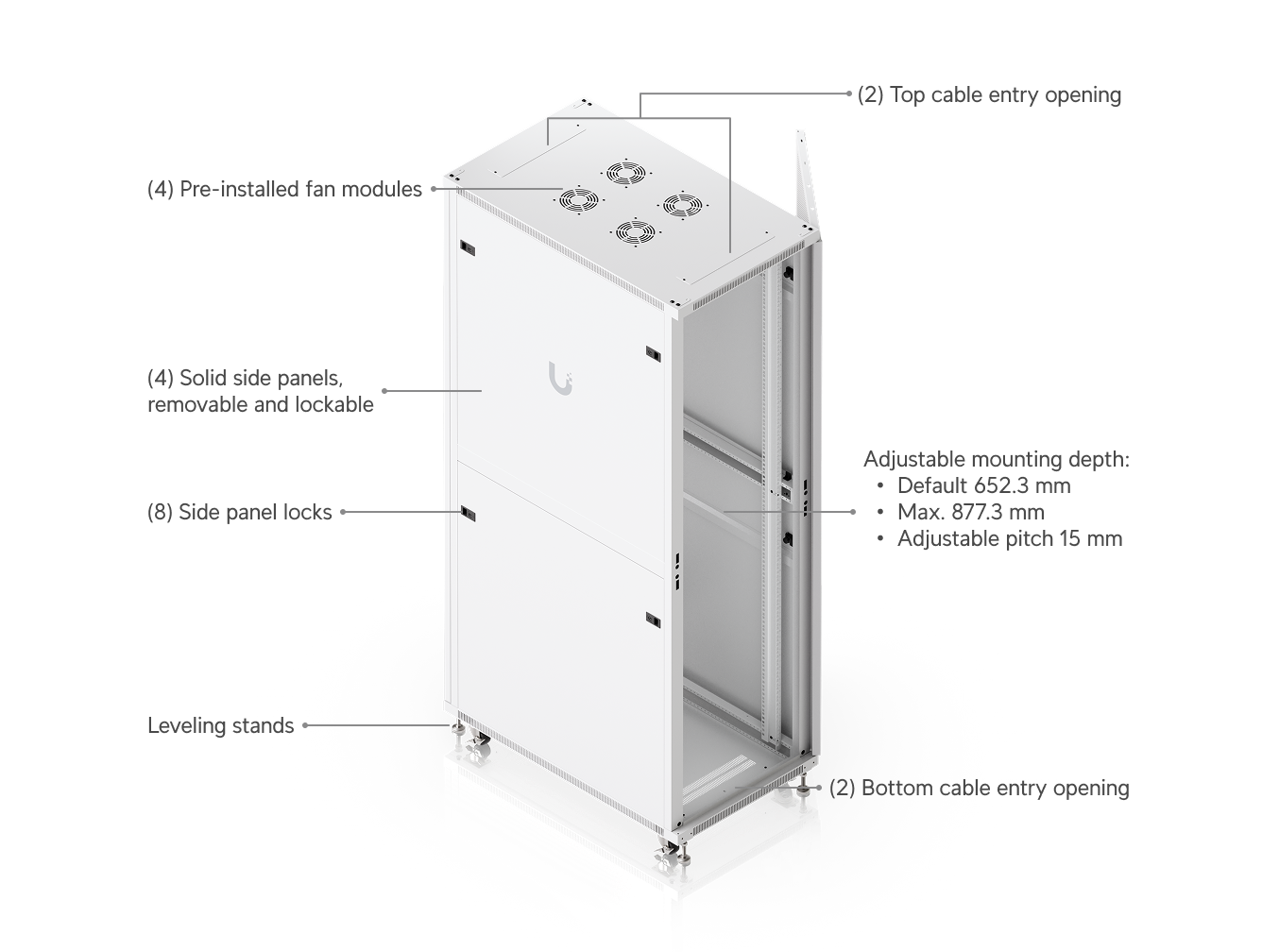 White metal ubiquiti uacc rack 42u cabinet with perforated door four ventilation fans and lockable caster wheels