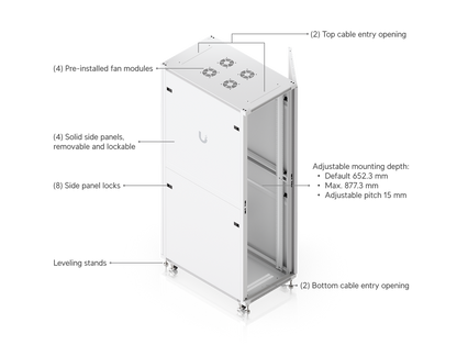 White metal ubiquiti uacc rack 42u cabinet with perforated door four ventilation fans and lockable caster wheels