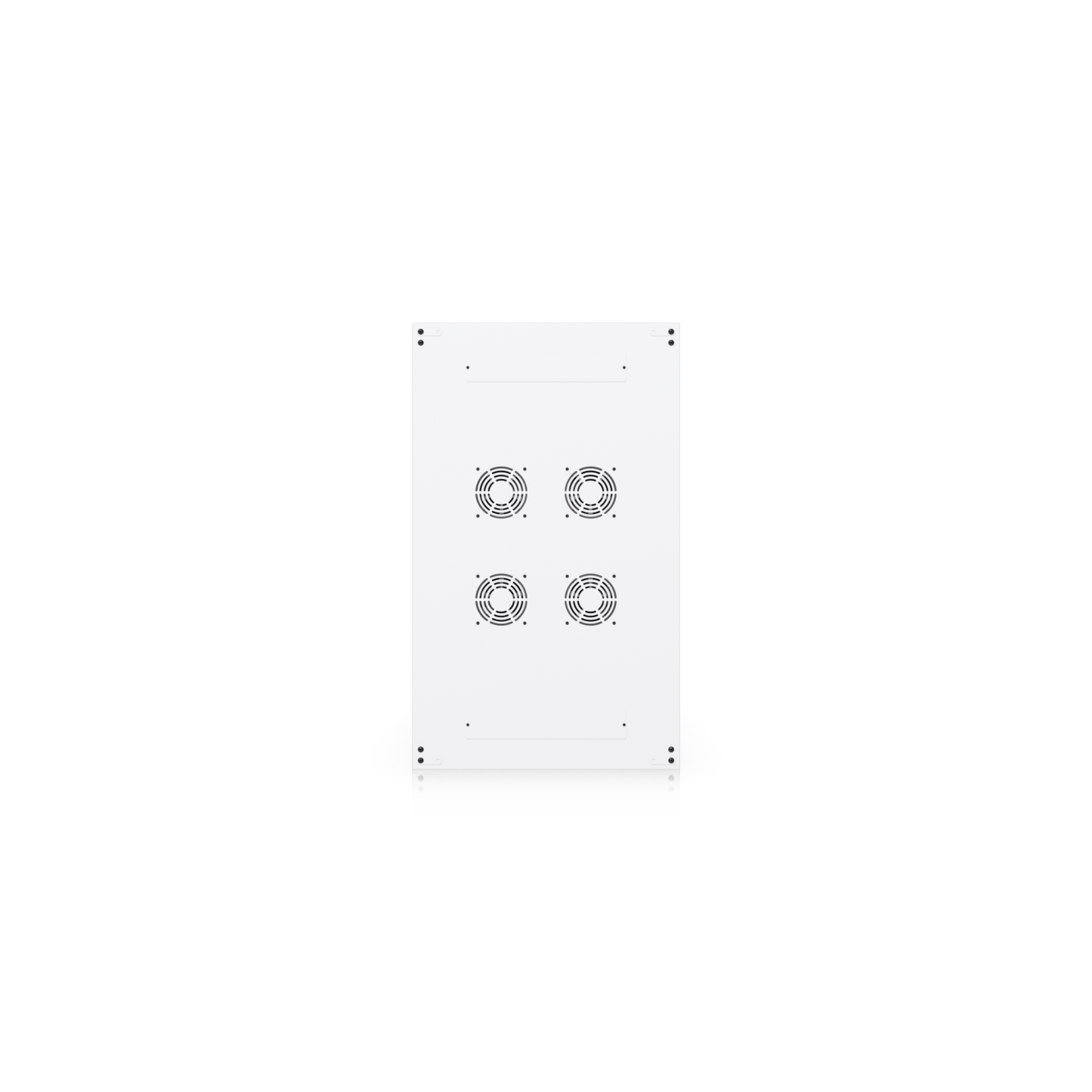 White rectangular ubiquiti uacc rack 42u cabinet with four built-in circular fans in a 2x2 grid on the back side