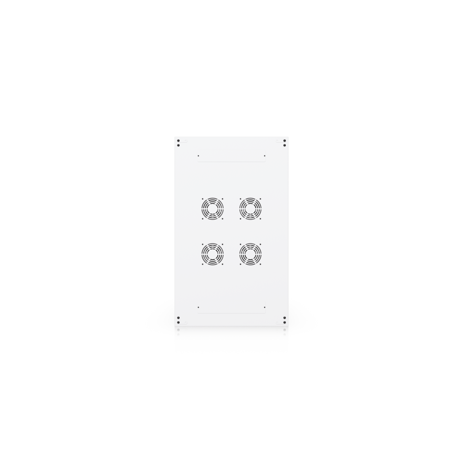White rectangular ubiquiti uacc rack 42u cabinet with four built-in circular fans in a 2x2 grid on the back side