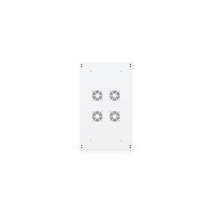 White rectangular ubiquiti uacc rack 42u cabinet with four built-in circular fans in a 2x2 grid on the back side