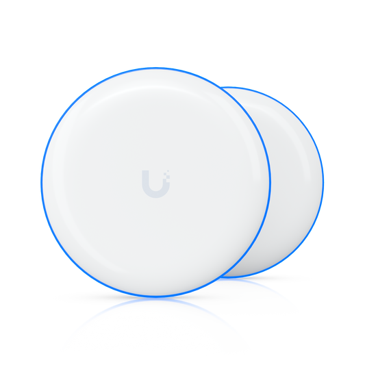 White circular wireless access points with blue rim and u by ubiquiti logo for ubiquiti ubb 60ghz building-to-building bridge