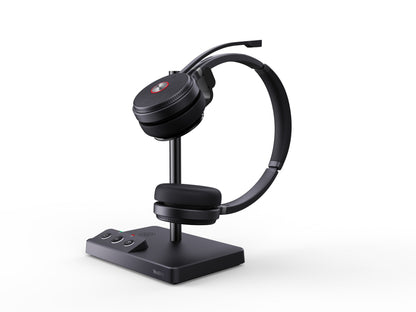 Yealink WH62-D-UC dual wireless headset on charging stand with red accent