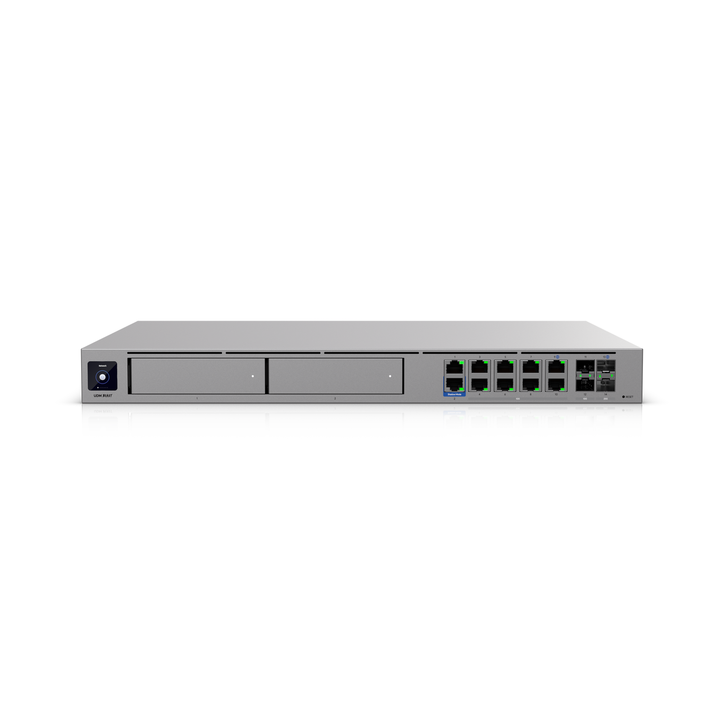 Silver metal ubiquiti udm-beast network switch back with multiple ethernet ports and indicator lights for cloud gateway