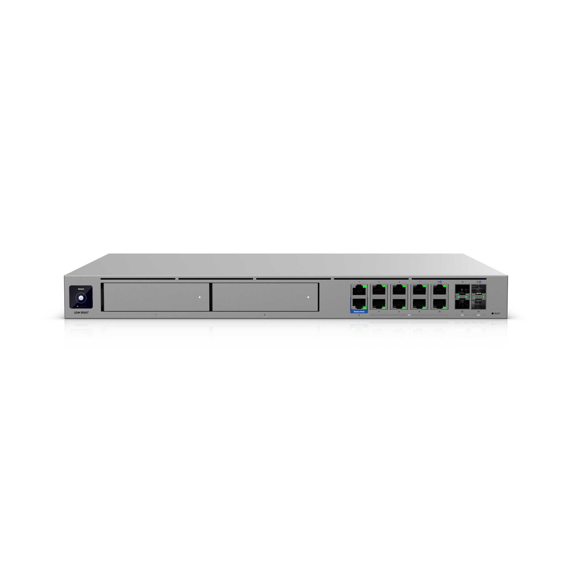 Silver metal ubiquiti udm-beast network switch back with multiple ethernet ports and indicator lights for cloud gateway