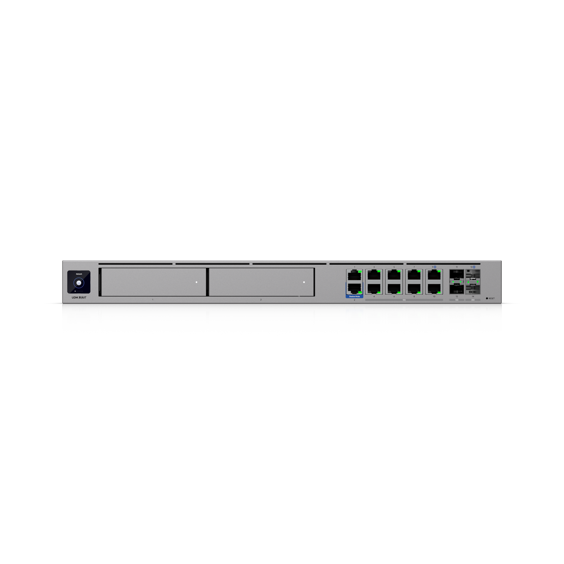 Silver metal ubiquiti udm-beast network switch with multiple ethernet ports and two drive bays for 25g ips cloud gateway