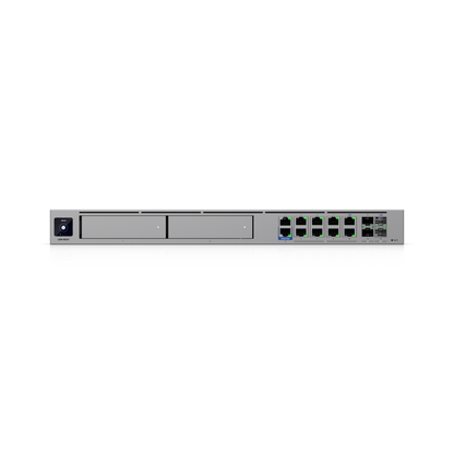 Silver metal ubiquiti udm-beast network switch with multiple ethernet ports and two drive bays for 25g ips cloud gateway