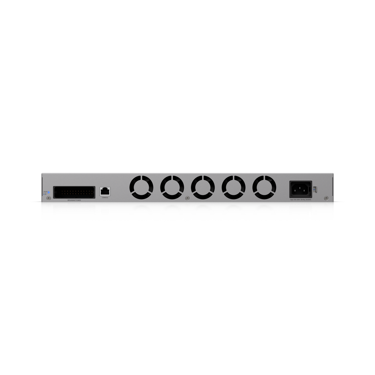 Back side of silver metal ubiquiti udm-beast network switch with five ventilation grilles and power port in 1u cloud gateway