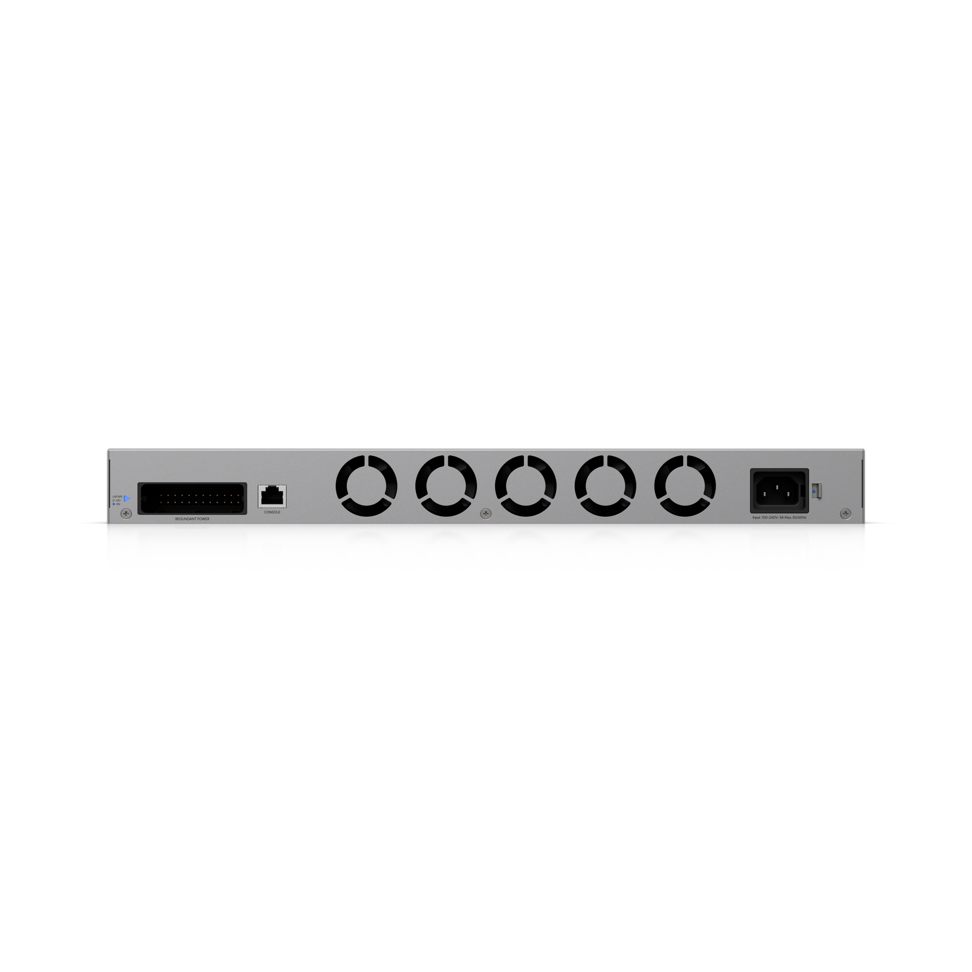 Back side of silver metal ubiquiti udm-beast network switch with five ventilation grilles and power port in 1u cloud gateway