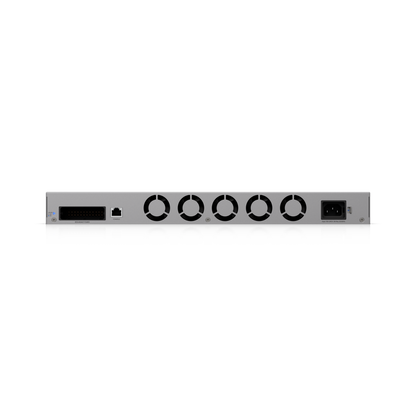 Back side of silver metal ubiquiti udm-beast network switch with five ventilation grilles and power port in 1u cloud gateway