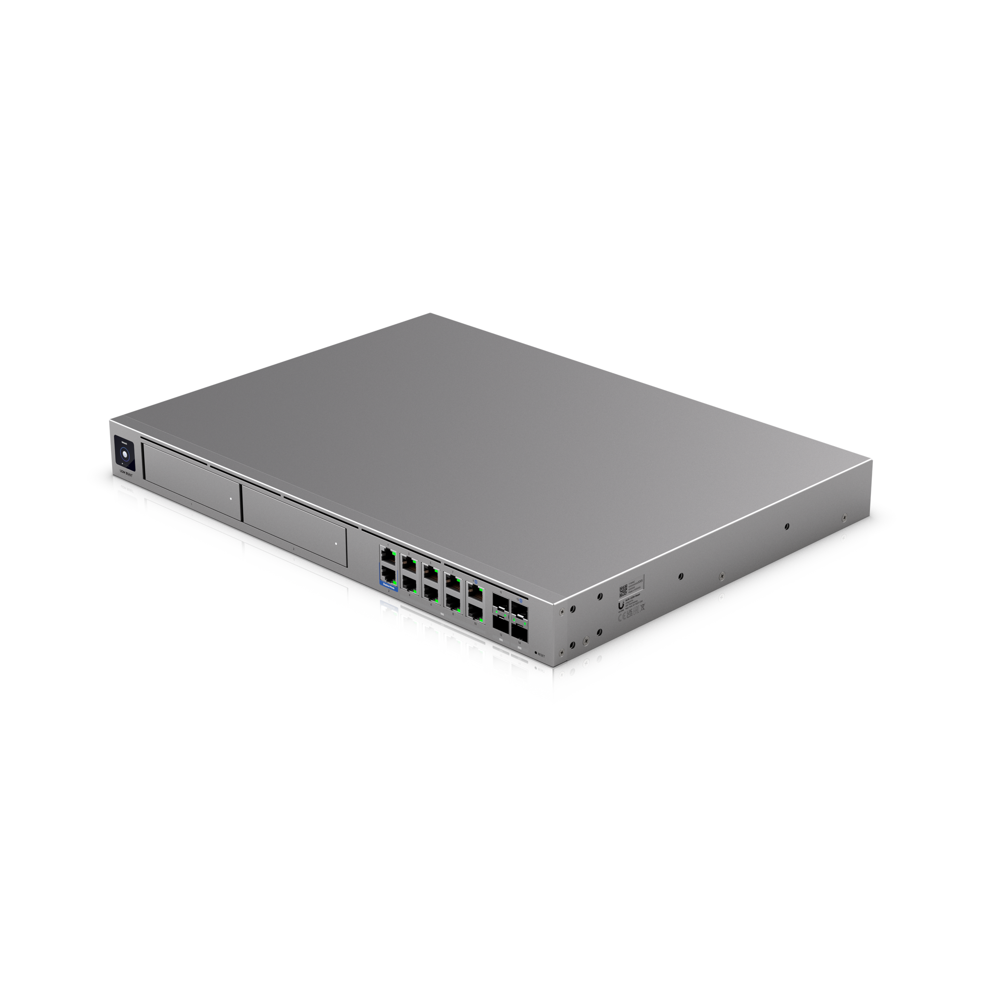 Silver metallic ubiquiti udm-beast server rack back with multiple ethernet ports and side power input for 25g ips gateway