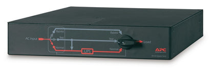 Black APC SBP6KRMI2U rack mount surge protector rear with red/white labels