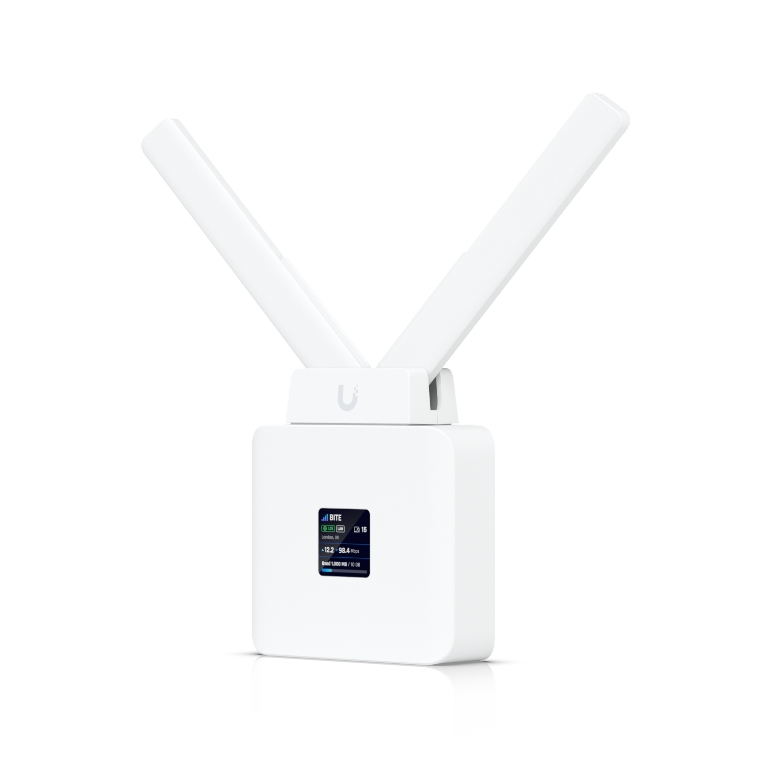 Ubiquiti UMR white U-shaped wireless cellular router with antennas and display