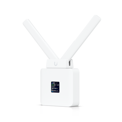 Ubiquiti UMR white U-shaped wireless cellular router with antennas and display