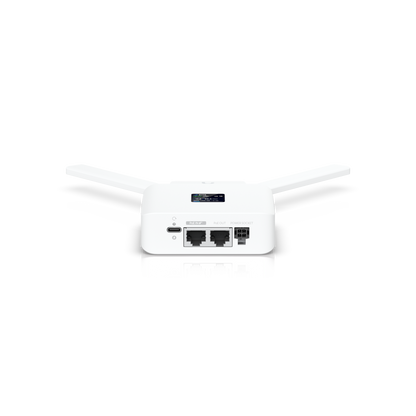 Ubiquiti UMR white wireless cellular router with 4 antennas and Ethernet ports